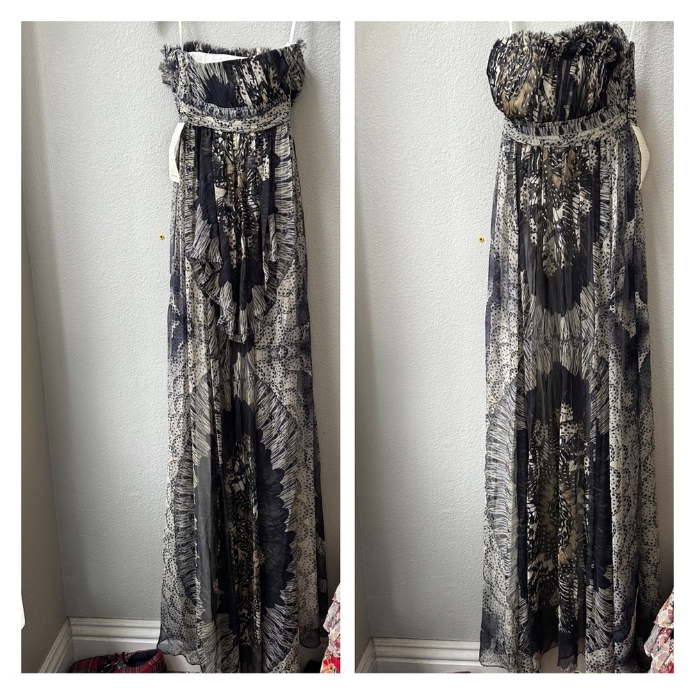 Laila black graphic Silk 3 Teer & Train Formal evening Gown NWT womens 0